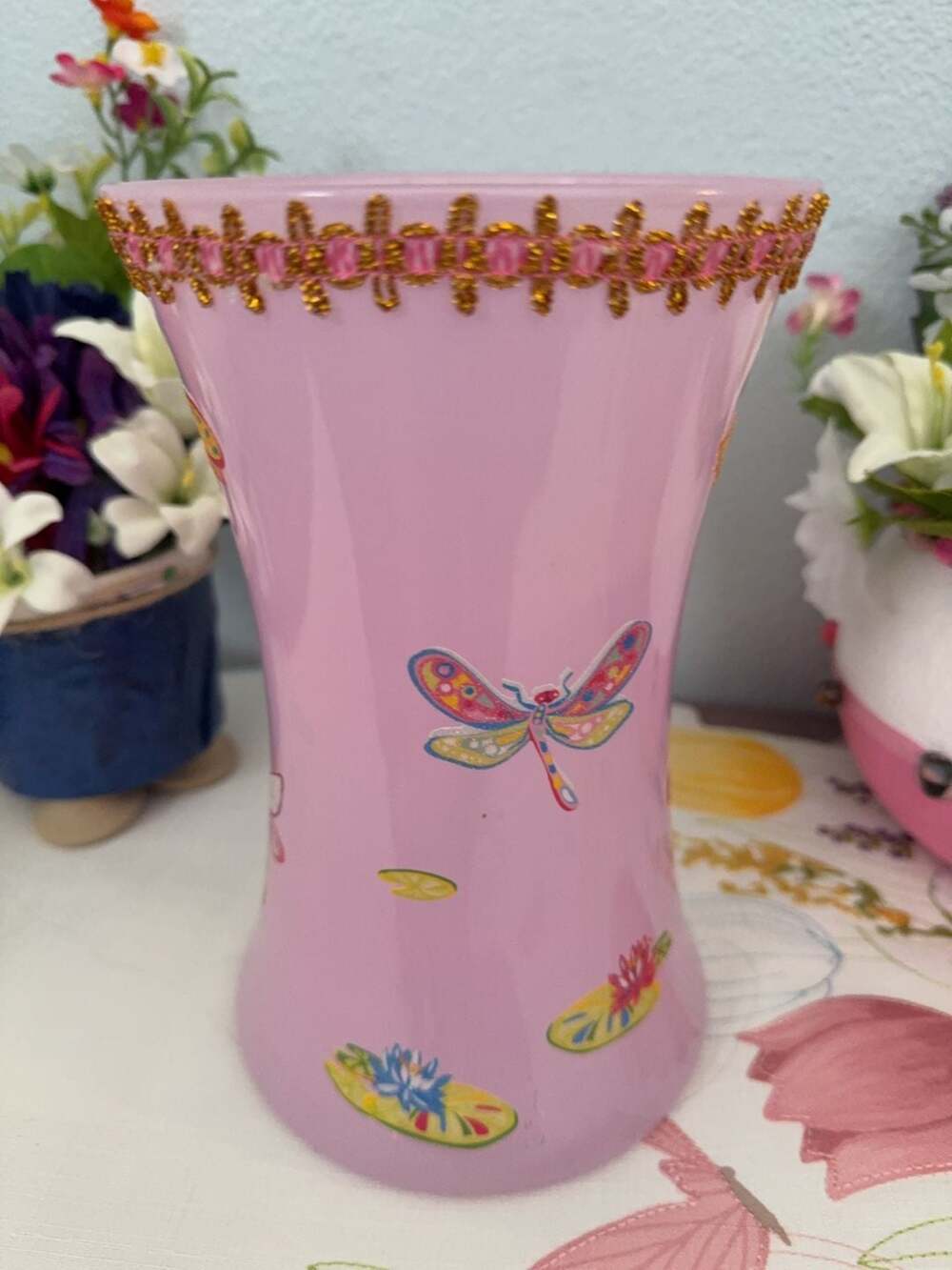Pink Dragonfly Lily Pad Decorative Glass Vase Real or Silk Floral Arrangements